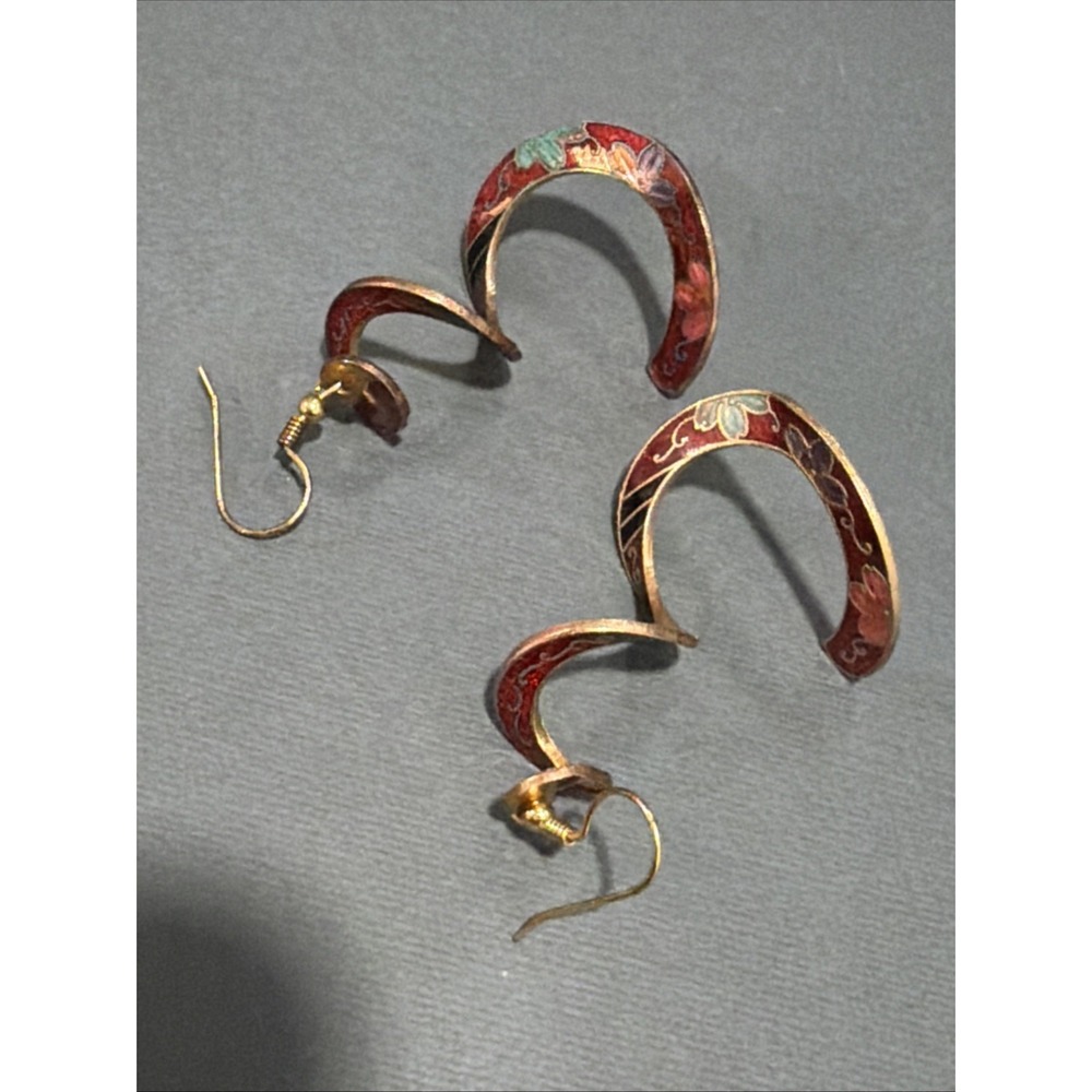Vintage Red Cloisonne Enamel Floral Spiral Dangle Earrings Gold Tone Pierced